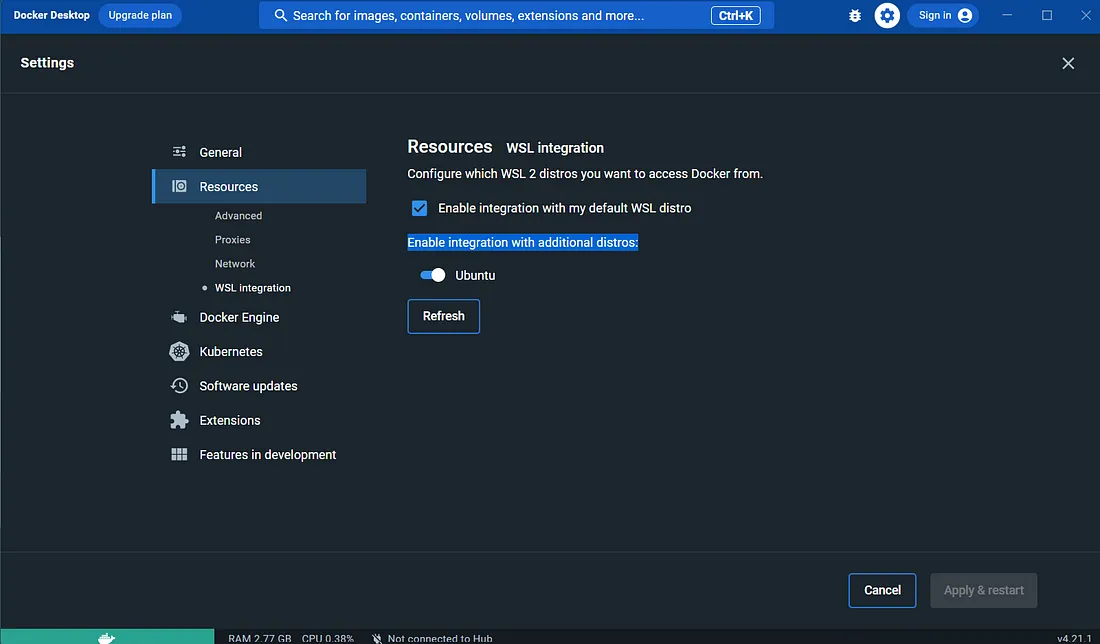 Configuring Docker Desktop for WSL Integration Settings Page